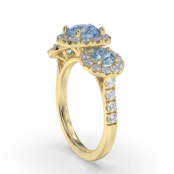 Round Aquamarine and Round Diamond Halo Trilogy Ring