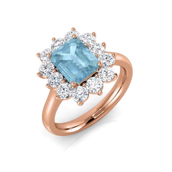 Emerald Aquamarine and Round Diamond Halo Ring