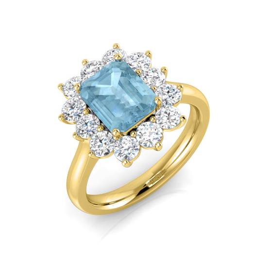 Emerald Aquamarine and Round Diamond Halo Ring