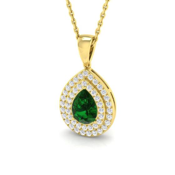 0.70ct VS/E-F Pear Emerald Gemstone and Round Diamond Halo Pendant