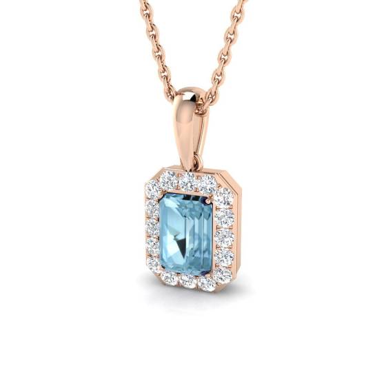 Emerald Aquamarine and Round Diamond Halo Pendant