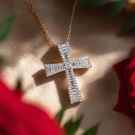 3.00ct Classic Round and Baguette Diamond Cross Pendant