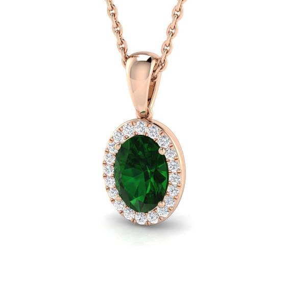 0.80ct VS/E-F Oval Emerald Gemstone and Round Diamond Halo Pendant