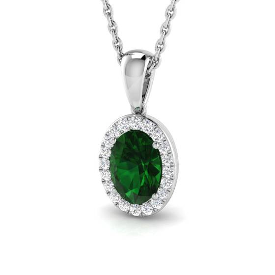 0.80ct VS/E-F Oval Emerald Gemstone and Round Diamond Halo Pendant