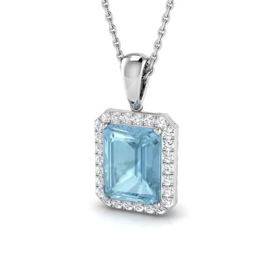 Emerald Aquamarine and Round Diamond Halo Pendant