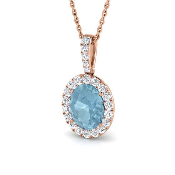 Oval Aquamarine and Round Diamond Halo Pendant