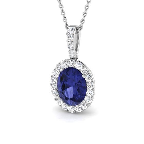 2.35ct VS/E-F Oval Tanzanite and Round Diamond Halo Pendant