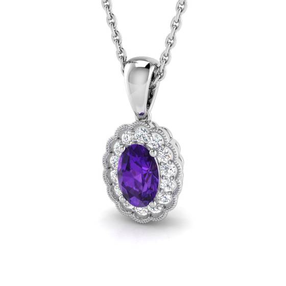 Oval Amethyst and Round Diamond Halo Pendant