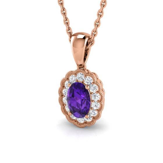 Oval Amethyst and Round Diamond Halo Pendant