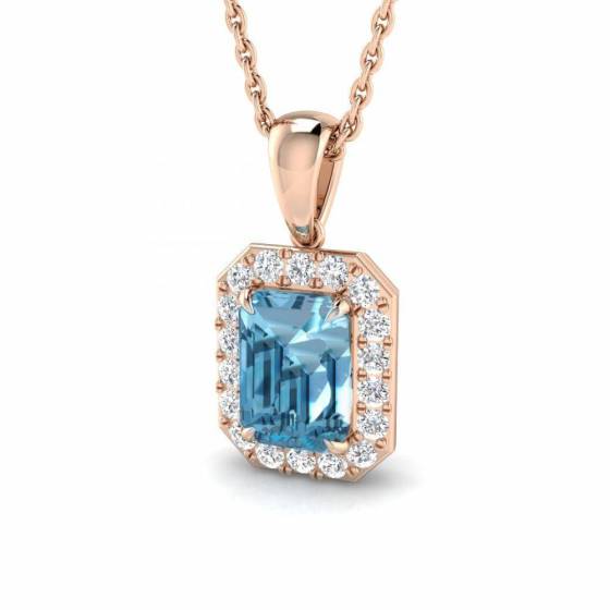 Blue Topaz Emerald and Round Diamond Halo Pendant