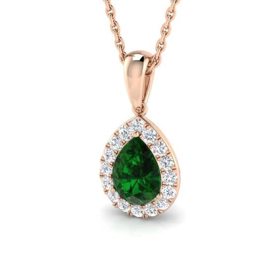 0.90ct VS/E-F Pear Emerald Gemstone and Round Diamond Halo Pendant