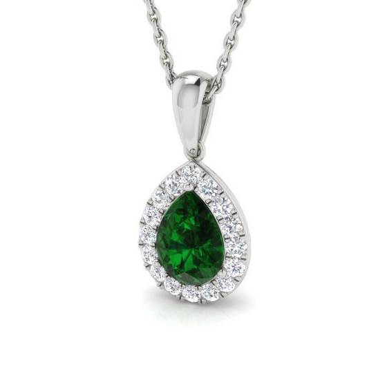 0.90ct VS/E-F Pear Emerald Gemstone and Round Diamond Halo Pendant