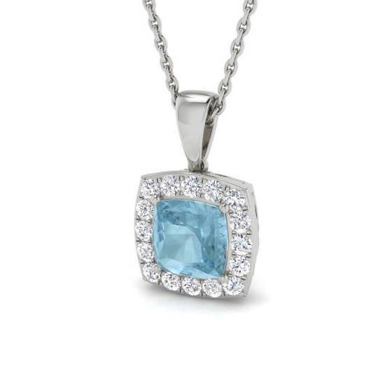 Cushion Aquamarine and Round Diamond Halo Pendant