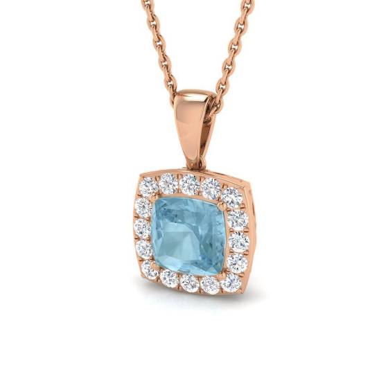 Cushion Aquamarine and Round Diamond Halo Pendant