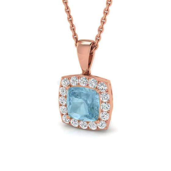 Cushion Aquamarine and Round Diamond Halo Pendant