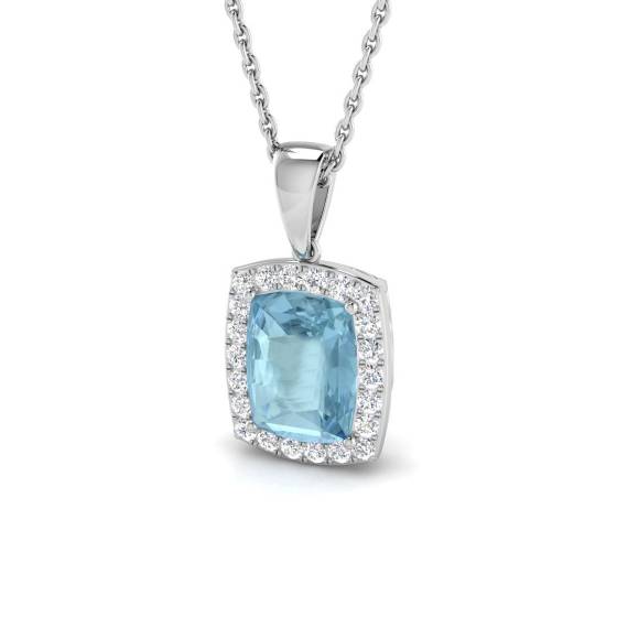 Cushion Aquamarine and Round Diamond Halo Pendant