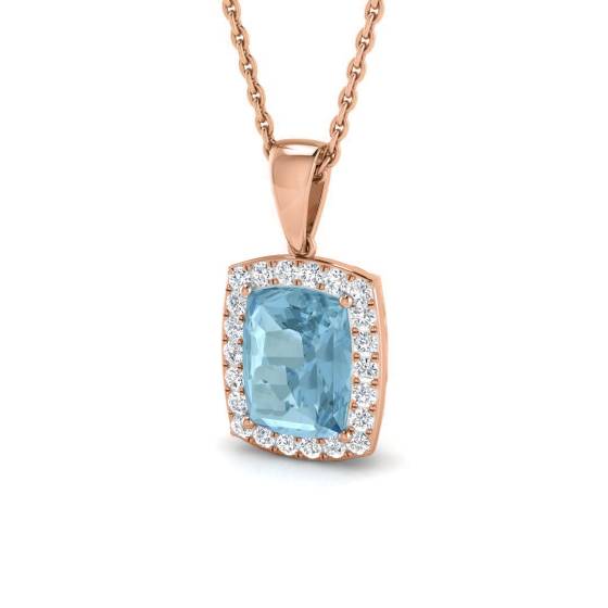 Cushion Aquamarine and Round Diamond Halo Pendant