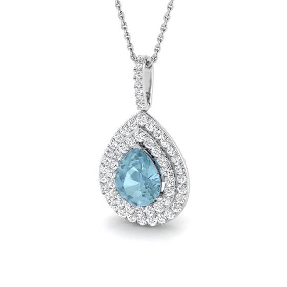 Pear Aquamarine and Round Diamond Halo Pendant