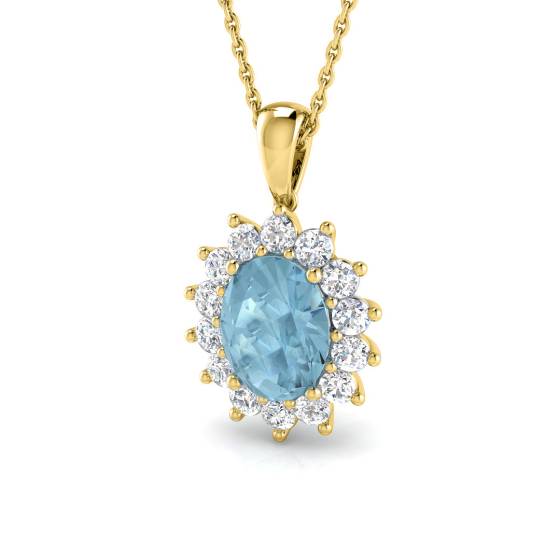 Oval Aquamarine and Round Diamond Halo Pendant