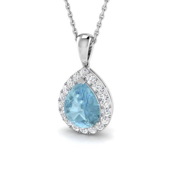 Pear Aquamarine and round Diamond Halo Pendant