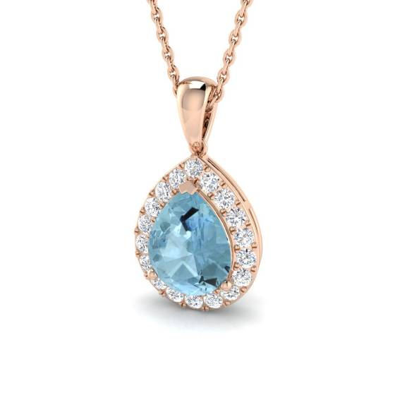 Pear Aquamarine and round Diamond Halo Pendant
