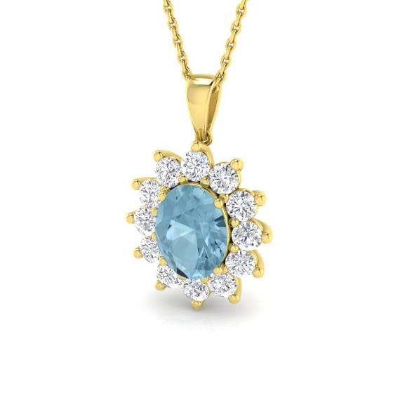Oval Aquamarine and Round Diamond Halo Pendant