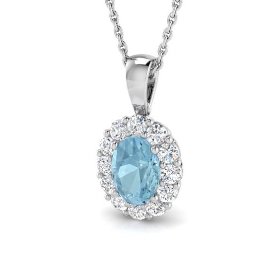 Oval Aquamarine and Round Diamond Halo Pendant