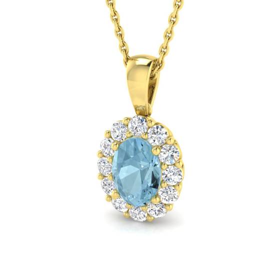 Oval Aquamarine and Round Diamond Halo Pendant