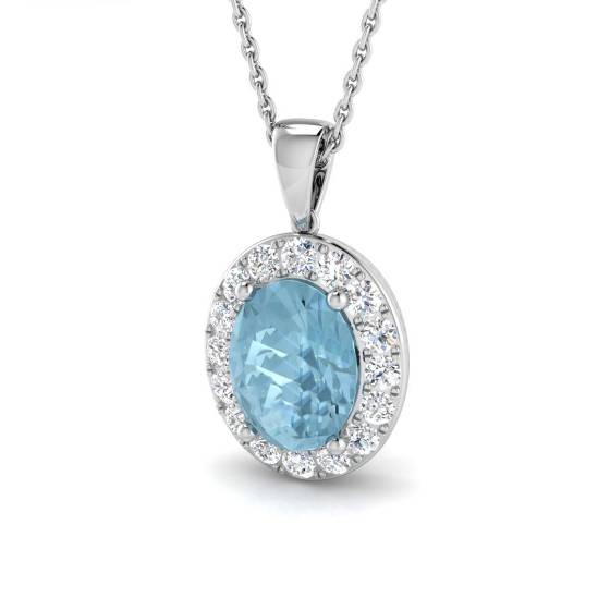 Oval Aquamarine and Round Diamond Halo Pendant