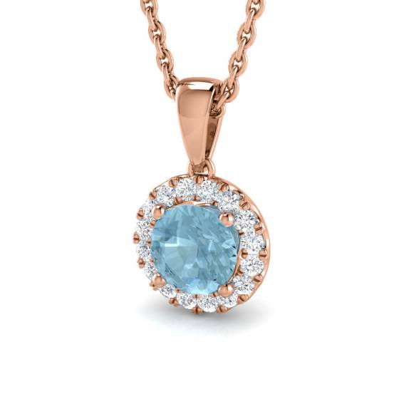 Round Aquamarine and Round Diamond Halo Pendant