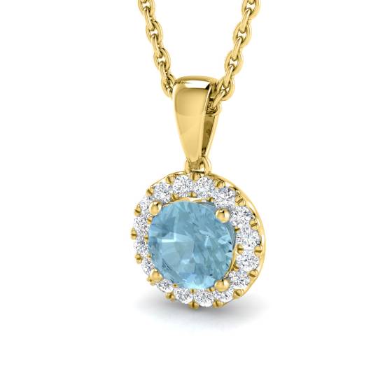 Round Aquamarine and Round Diamond Halo Pendant