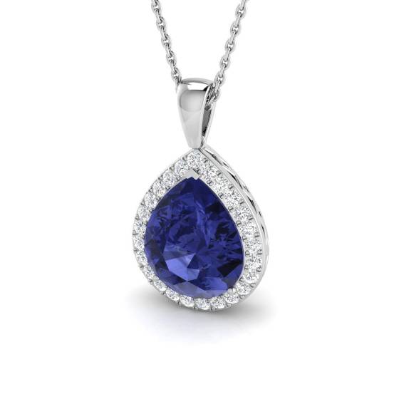 3.65ct VS/E-F Pear Tanzanite and Round Diamond Halo Pendant