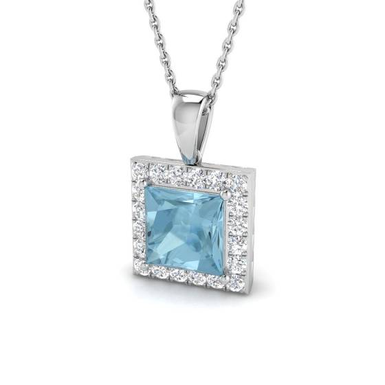 Princess Aquamarine and Round Diamond Halo Pendant