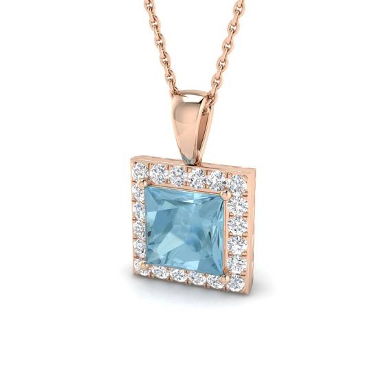 Princess Aquamarine and Round Diamond Halo Pendant