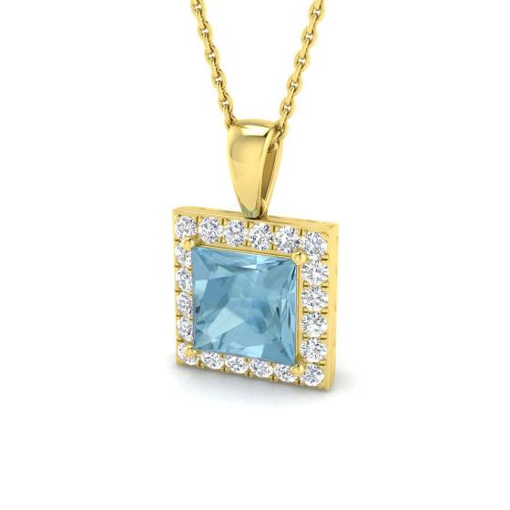Princess Aquamarine and Round Diamond Halo Pendant