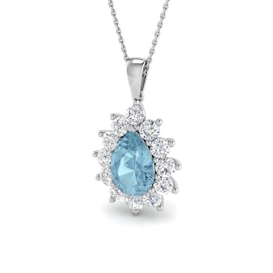 Pear Aquamarine and Round Diamond Halo Pendant