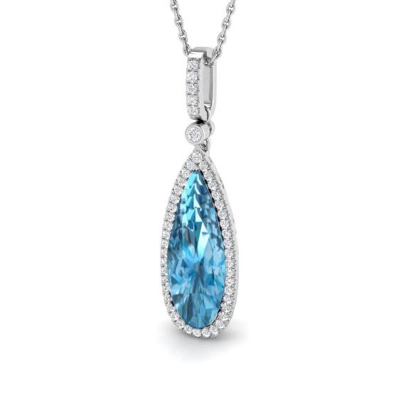 Blue Topaz Pear and Round Diamond Halo Drop Pendant