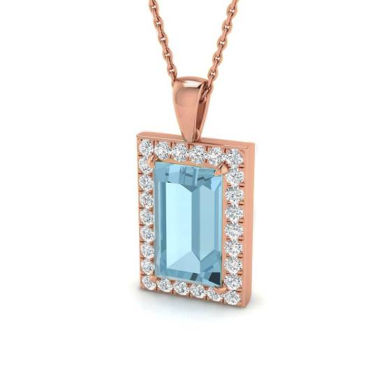 Emerald Aquamarine and Round Diamond Halo Pendant