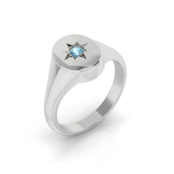 Round Aquamarine Bezel Set Signet Ring