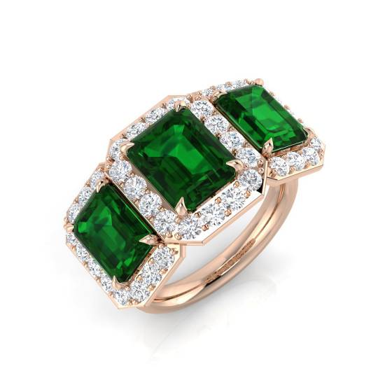 6.90ct VS/E-F Emerald and Diamond Trilogy Halo Gemstone Ring