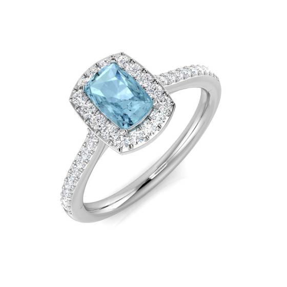 Cushion Aquamarine and Round Diamond Halo Shoulder Set Ring