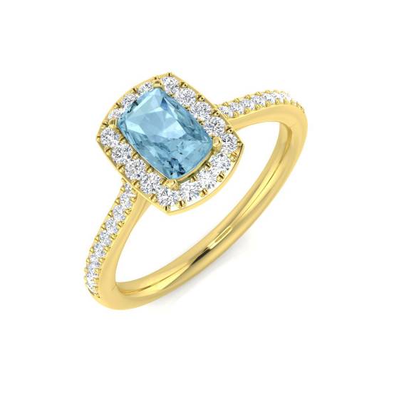 Cushion Aquamarine and Round Diamond Halo Shoulder Set Ring