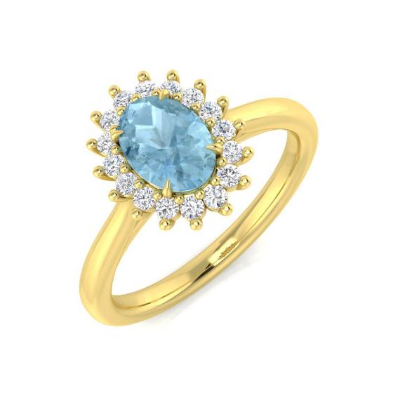 Oval Aquamarine and Round Diamond Halo Ring