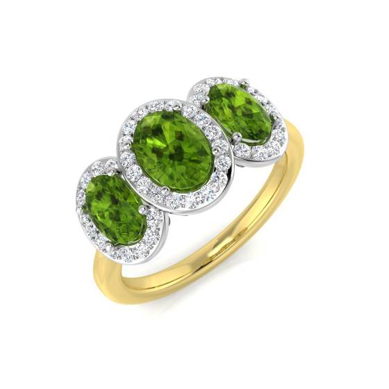 Oval Peridot and Round Diamond Halo Trilogy Ring