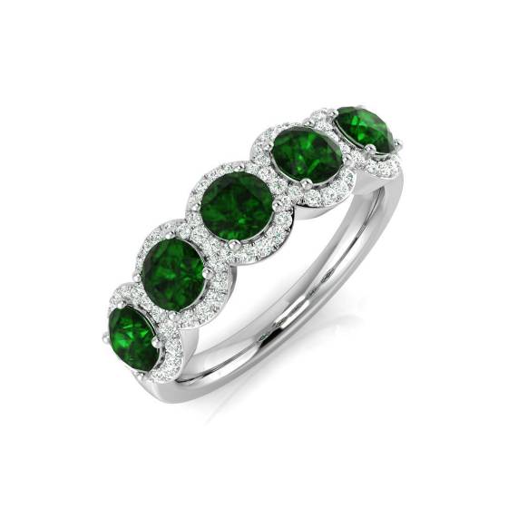 1.35ct VS/E-F Emerald and Diamond 5 Stone Halo Gemstone Ring