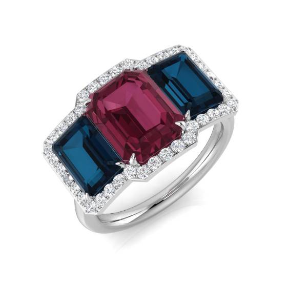 Blue Topaz and Pink Tourmaline Gemstone and Round Diamond Halo Trilogy Ring