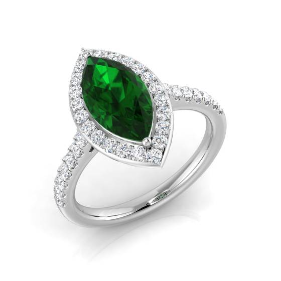 2.20ct VS/E-F Halo Shoulder Set Emerald and Diamond Gemstone Ring