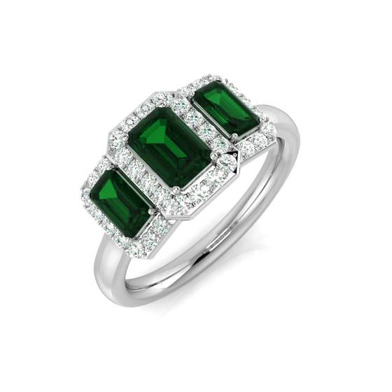 1.70ct VS/E-F Emerald and Diamond Trilogy Halo Gemstone Ring