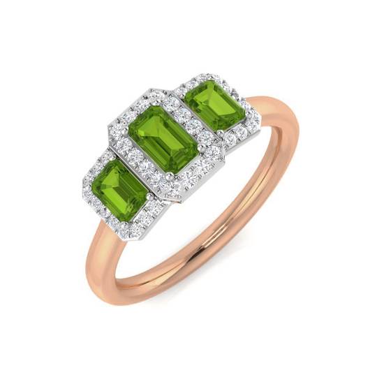 Emerald Shape Peridot and Round Diamond Halo Trilogy Ring