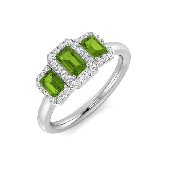 Emerald Shape Peridot and Round Diamond Halo Trilogy Ring